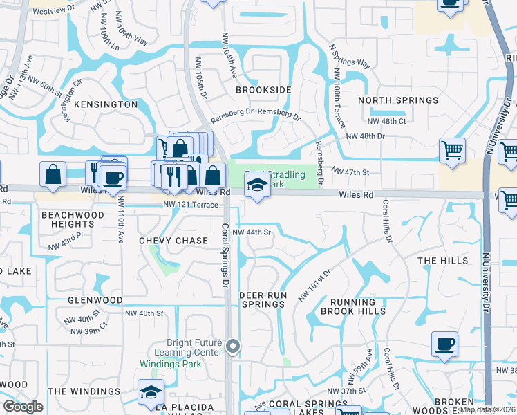 map of restaurants, bars, coffee shops, grocery stores, and more near 10300 Wiles Road in Coral Springs