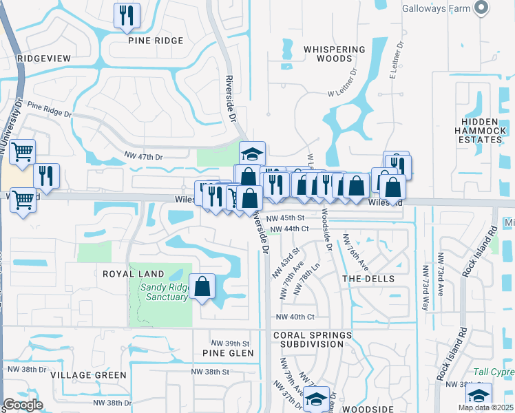 map of restaurants, bars, coffee shops, grocery stores, and more near 4451 Northwest 81st Avenue in Coral Springs