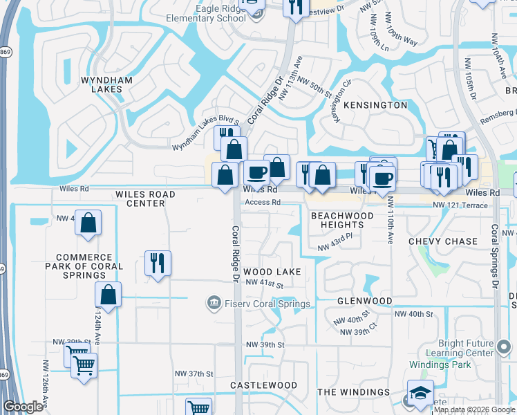 map of restaurants, bars, coffee shops, grocery stores, and more near 11585 Northwest 45th Street in Coral Springs