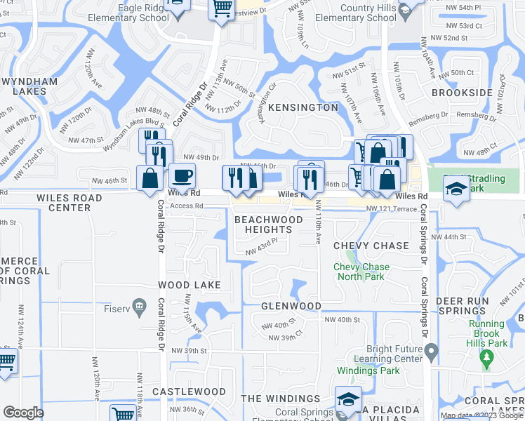 map of restaurants, bars, coffee shops, grocery stores, and more near 10855 Northwest 45th Street in Coral Springs