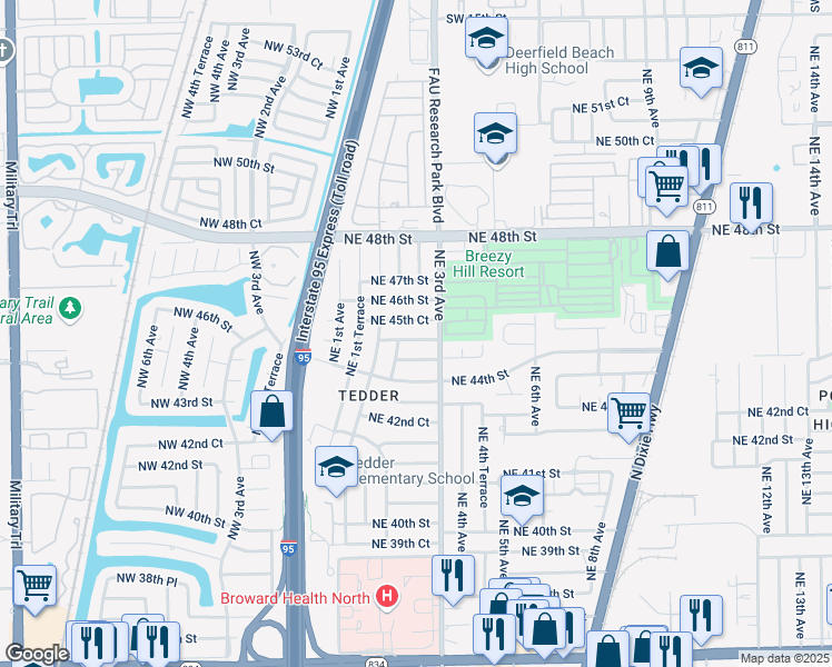 map of restaurants, bars, coffee shops, grocery stores, and more near 264 Northeast 45th Street in Pompano Beach