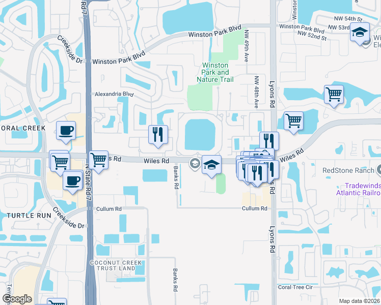 map of restaurants, bars, coffee shops, grocery stores, and more near 5025 Wiles Road in Coconut Creek