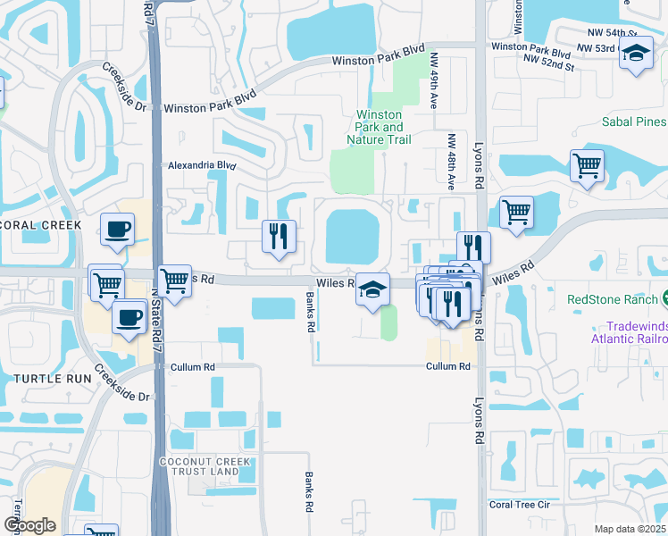 map of restaurants, bars, coffee shops, grocery stores, and more near 5035 Wiles Road in Coconut Creek