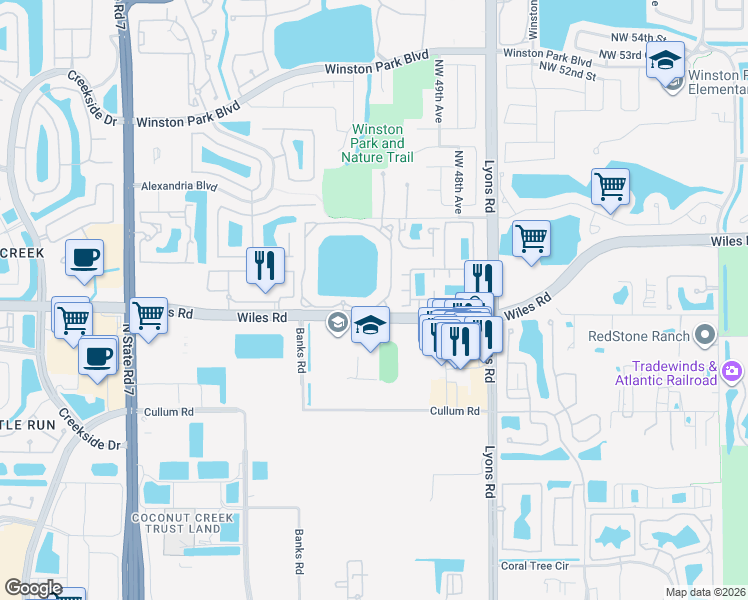 map of restaurants, bars, coffee shops, grocery stores, and more near 5065 Wiles Road in Coconut Creek