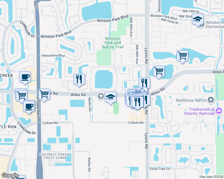 map of restaurants, bars, coffee shops, grocery stores, and more near 5065 Wiles Road in Coconut Creek