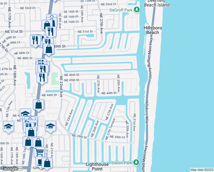 map of restaurants, bars, coffee shops, grocery stores, and more near 4411 Northeast 27th Terrace in Lighthouse Point