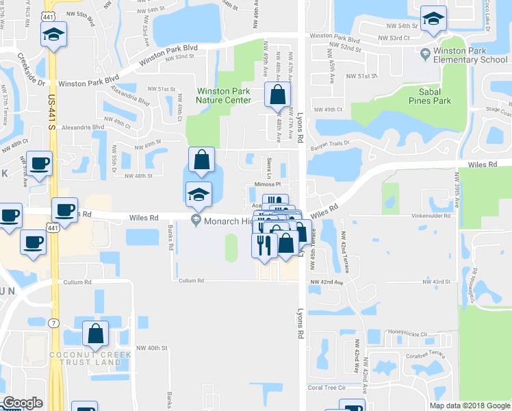 map of restaurants, bars, coffee shops, grocery stores, and more near 4726 Acadian Trail in Coconut Creek