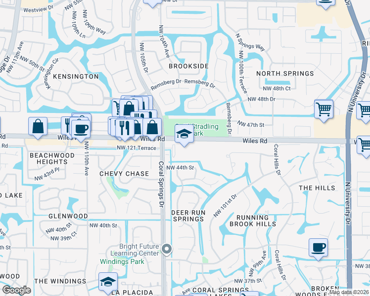 map of restaurants, bars, coffee shops, grocery stores, and more near 10300 Wiles Road in Coral Springs