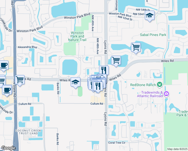 map of restaurants, bars, coffee shops, grocery stores, and more near 4726 Acadian Trail in Coconut Creek