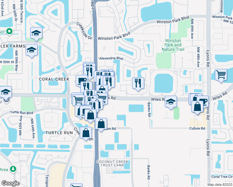 map of restaurants, bars, coffee shops, grocery stores, and more near 5481 Wiles Road in Coconut Creek