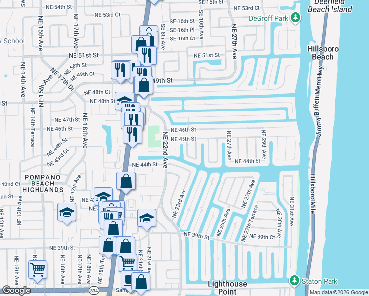 map of restaurants, bars, coffee shops, grocery stores, and more near 4411 Northeast 24th Avenue in Lighthouse Point