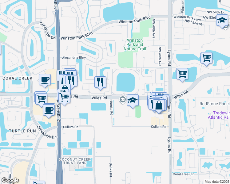 map of restaurants, bars, coffee shops, grocery stores, and more near 5005 Wiles Road in Coral Springs