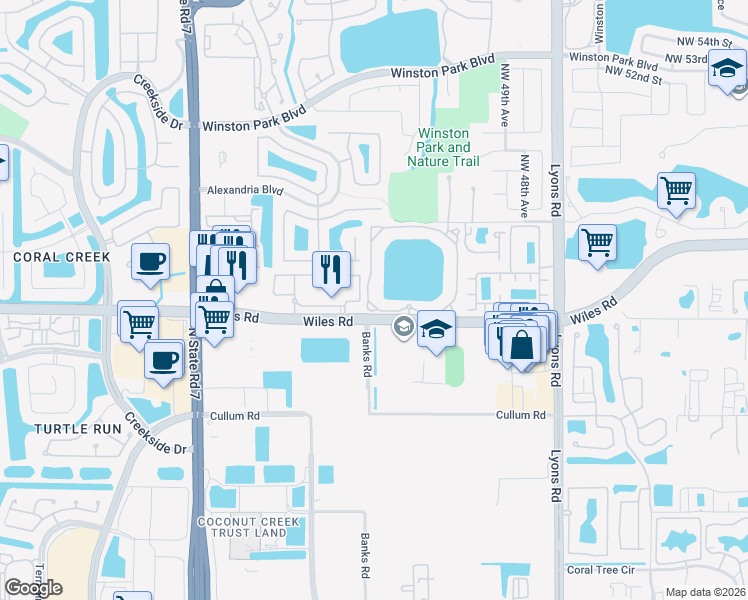map of restaurants, bars, coffee shops, grocery stores, and more near 5005 Wiles Road in Coral Springs
