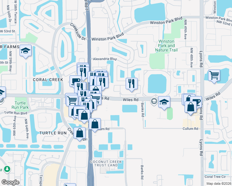 map of restaurants, bars, coffee shops, grocery stores, and more near 5481 Wiles Road in Coconut Creek