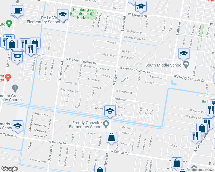 map of restaurants, bars, coffee shops, grocery stores, and more near 1710 Norma Lane in Edinburg