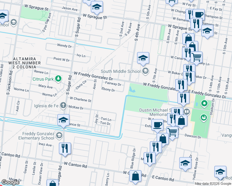 map of restaurants, bars, coffee shops, grocery stores, and more near 974 West Ebony Drive in Edinburg