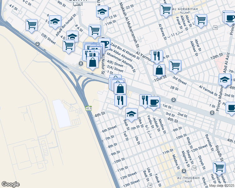 map of restaurants, bars, coffee shops, grocery stores, and more near Custodian of The Two Holy Mosques Road in Al Khobar