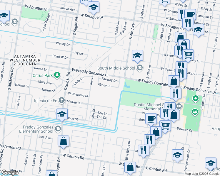 map of restaurants, bars, coffee shops, grocery stores, and more near 974 West Ebony Drive in Edinburg