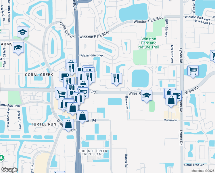 map of restaurants, bars, coffee shops, grocery stores, and more near 5465 Wiles Road in Coconut Creek