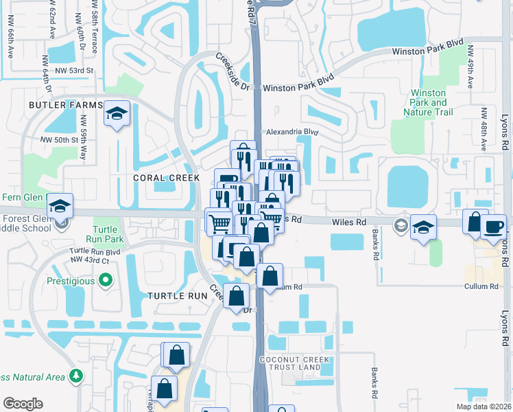 map of restaurants, bars, coffee shops, grocery stores, and more near in Coconut Creek