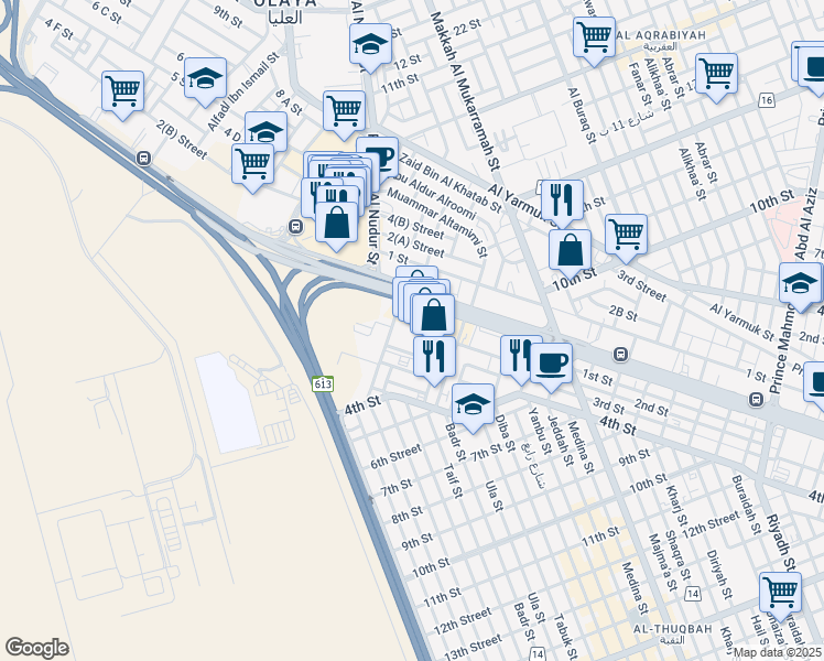 map of restaurants, bars, coffee shops, grocery stores, and more near Custodian of The Two Holy Mosques Road in Al Khobar