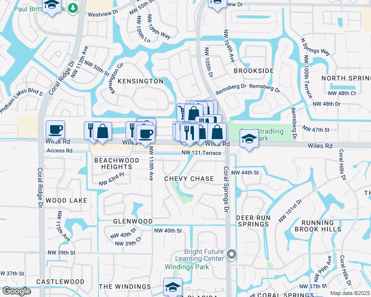 map of restaurants, bars, coffee shops, grocery stores, and more near 10669 Wiles Road in Coral Springs
