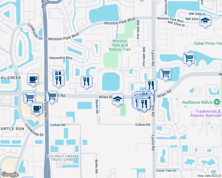 map of restaurants, bars, coffee shops, grocery stores, and more near 5065 Wiles Road in Coconut Creek