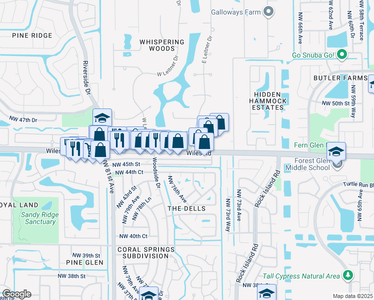 map of restaurants, bars, coffee shops, grocery stores, and more near 4700-4768 E Leitner Dr in Coral Springs