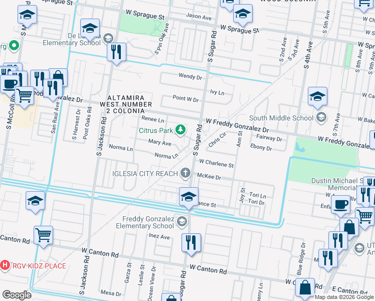 map of restaurants, bars, coffee shops, grocery stores, and more near 1619 Norma Lane in Edinburg