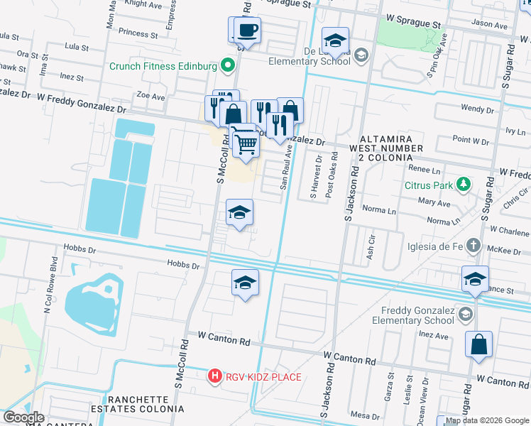 map of restaurants, bars, coffee shops, grocery stores, and more near 2602 San Manuel Street in Edinburg
