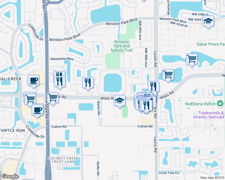 map of restaurants, bars, coffee shops, grocery stores, and more near 5031 Wiles Road in Coconut Creek