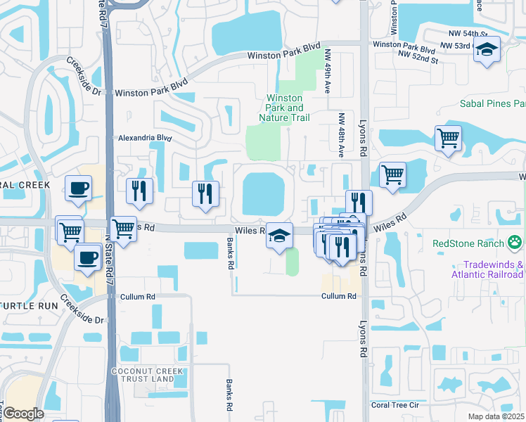 map of restaurants, bars, coffee shops, grocery stores, and more near 5065 Wiles Road in Coconut Creek