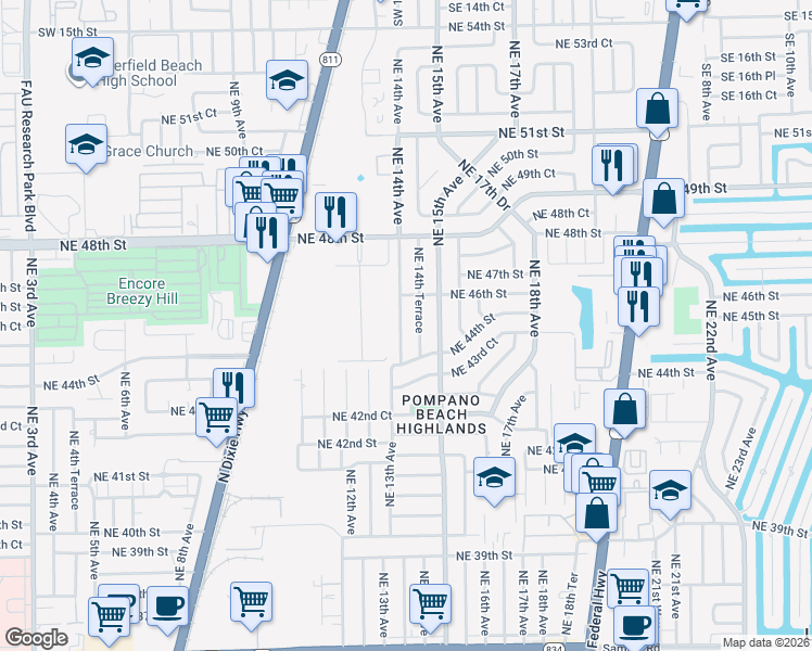 map of restaurants, bars, coffee shops, grocery stores, and more near 4531 Northeast 14th Terrace in Pompano Beach
