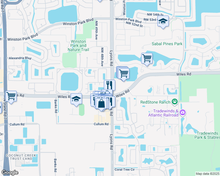 map of restaurants, bars, coffee shops, grocery stores, and more near 4674 Monarch Way in Coconut Creek