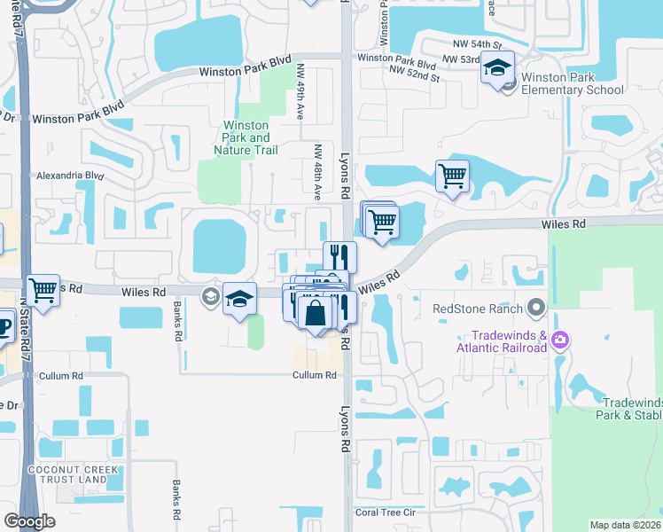 map of restaurants, bars, coffee shops, grocery stores, and more near 4674 Monarch Way in Coconut Creek
