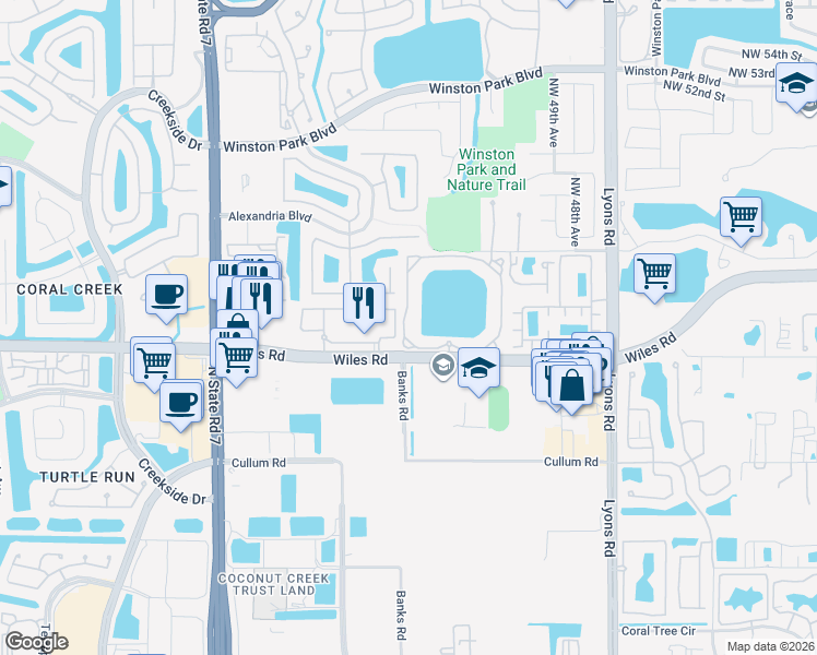 map of restaurants, bars, coffee shops, grocery stores, and more near 5021 Wiles Road in Coconut Creek