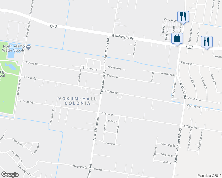 map of restaurants, bars, coffee shops, grocery stores, and more near 4405 East Curve Road in Edinburg