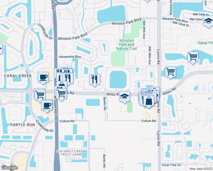 map of restaurants, bars, coffee shops, grocery stores, and more near 5021 Wiles Road in Coconut Creek
