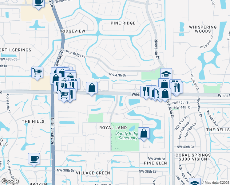 map of restaurants, bars, coffee shops, grocery stores, and more near 8555 Northwest 46th Drive in Coral Springs