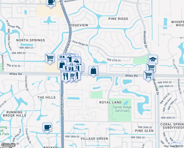 map of restaurants, bars, coffee shops, grocery stores, and more near 8961 Wiles Road in Coral Springs