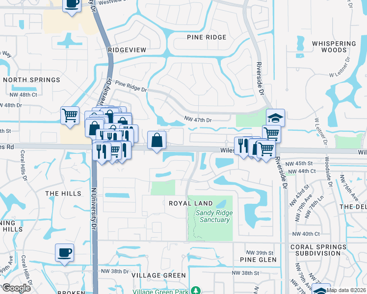 map of restaurants, bars, coffee shops, grocery stores, and more near 4632 Northwest 86th Lane in Coral Springs