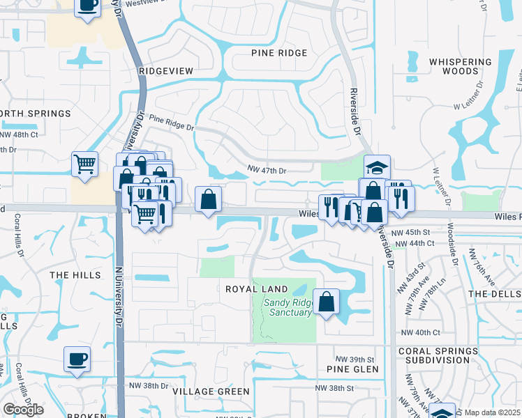 map of restaurants, bars, coffee shops, grocery stores, and more near 8555 Northwest 46th Drive in Coral Springs