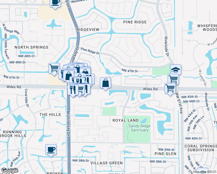 map of restaurants, bars, coffee shops, grocery stores, and more near 8811 Wiles Road in Coral Springs