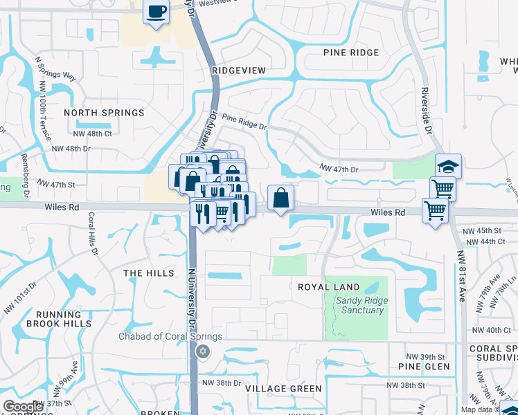 map of restaurants, bars, coffee shops, grocery stores, and more near 8931 Palm Drive in Coral Springs