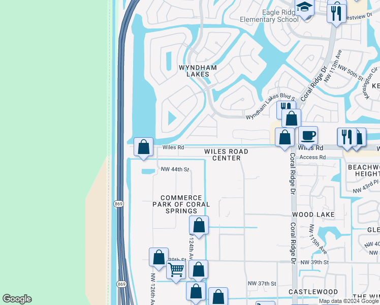 map of restaurants, bars, coffee shops, grocery stores, and more near 12360 Wiles Road in Coral Springs