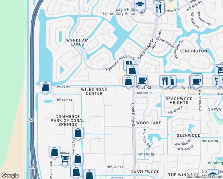 map of restaurants, bars, coffee shops, grocery stores, and more near 11866 Wiles Road in Tamarac