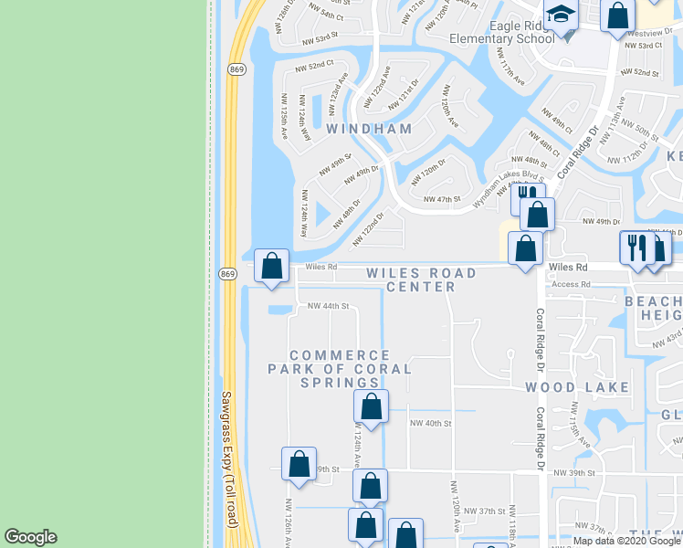 map of restaurants, bars, coffee shops, grocery stores, and more near 12360 Wiles Road in Coral Springs