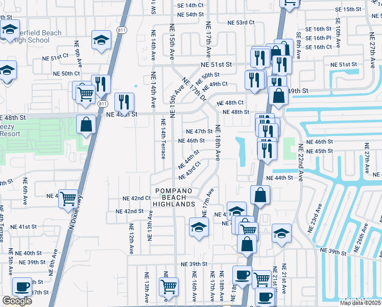 map of restaurants, bars, coffee shops, grocery stores, and more near 1571 Northeast 44th Street in Pompano Beach