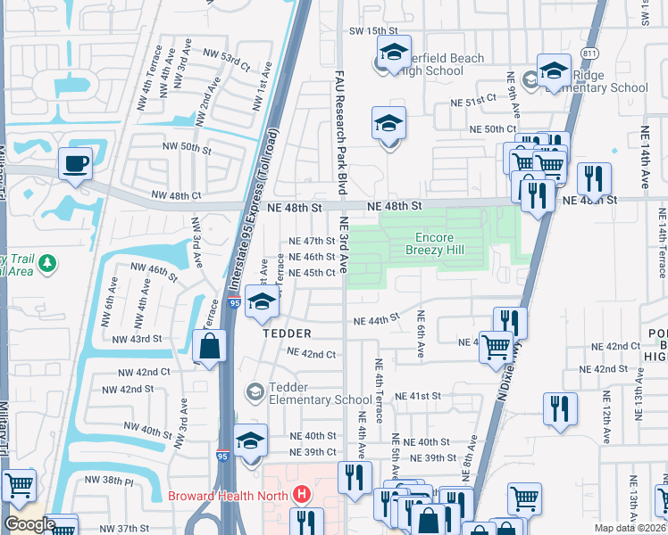 map of restaurants, bars, coffee shops, grocery stores, and more near 298 Northeast 46th Street in Pompano Beach