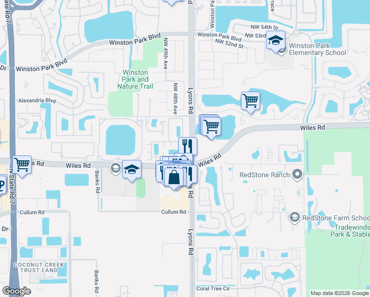 map of restaurants, bars, coffee shops, grocery stores, and more near 4674 Monarch Way in Coconut Creek
